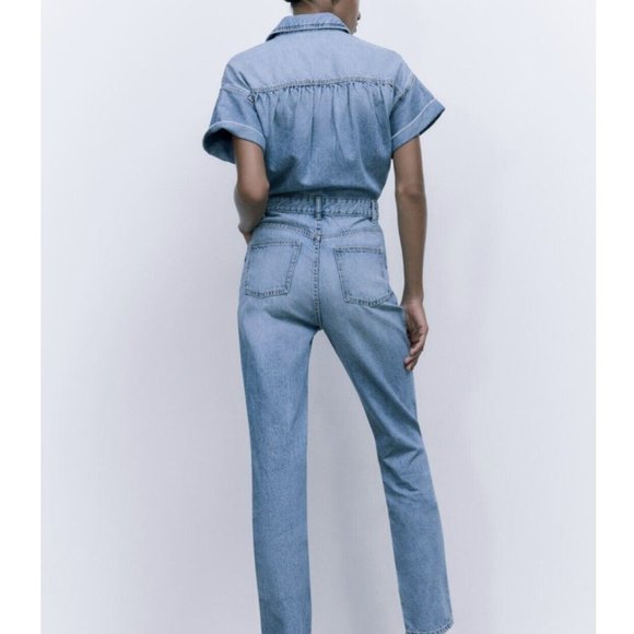 ZARA DENIM JUMPSUIT SHORT SLEEVES LONG PANTS S,M - Picture 11 of 15